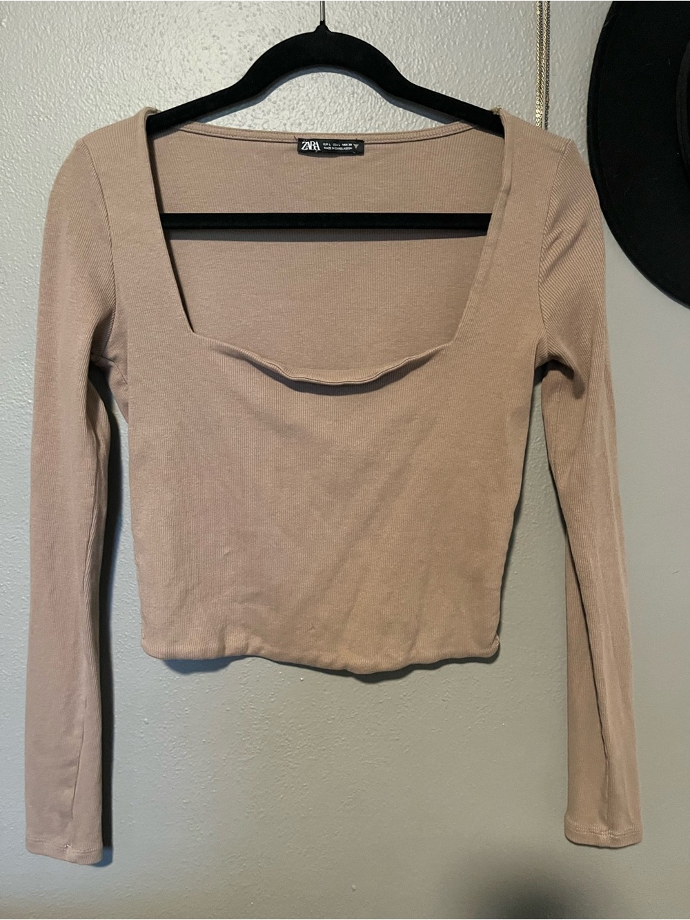 Zara Long Sleeve Square Neck Crop Top - Taupe Beige